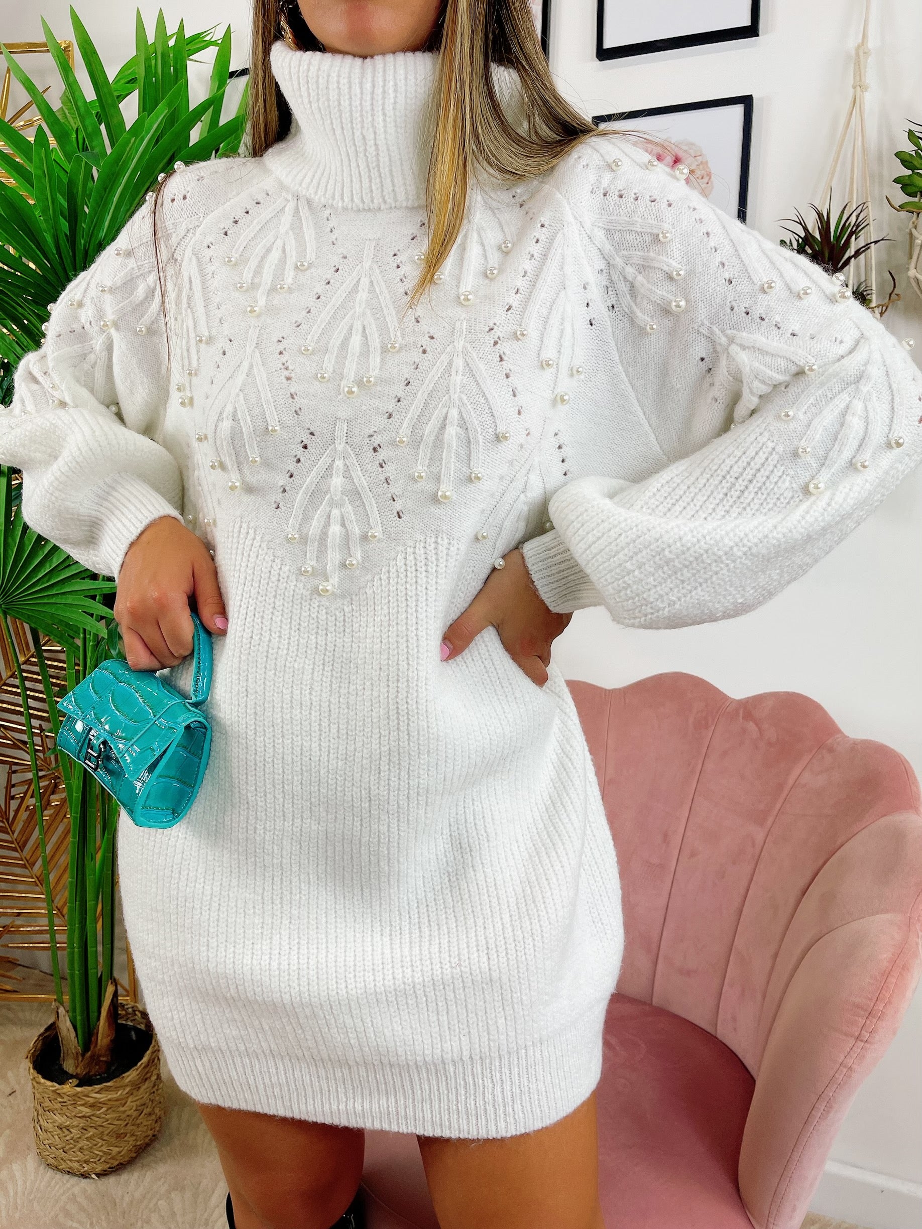 Maxi maglione collo alto con perle Bianco - R.a. Boutique 