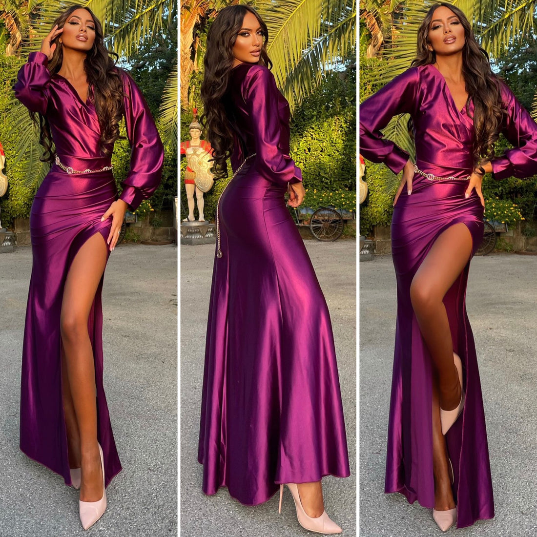 Abito in raso manica lunga peonia - R.a. Boutique 