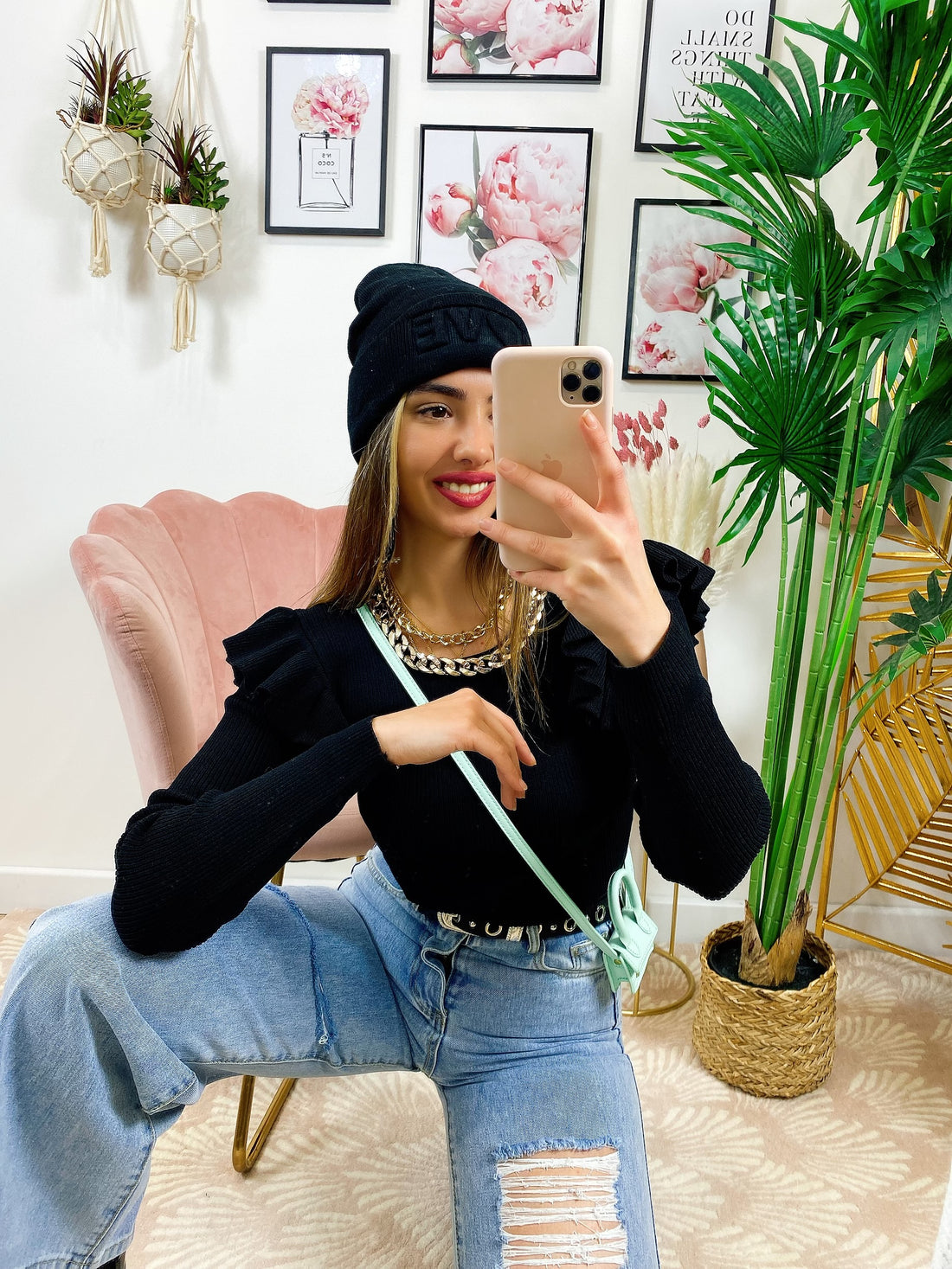 Maglia a costine con catena piccola oro e rouge - R.a. Boutique 