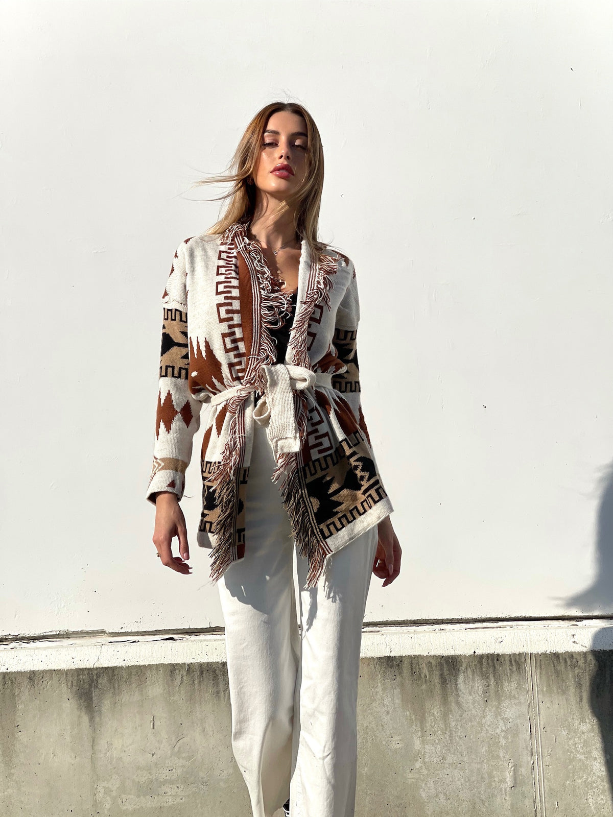 Perbai Cardigan Lungo Bohémien Con Frange E Nappe - Gilet Aperto Stile Azteco - Maxi Taglie Dalla S Alla XXL