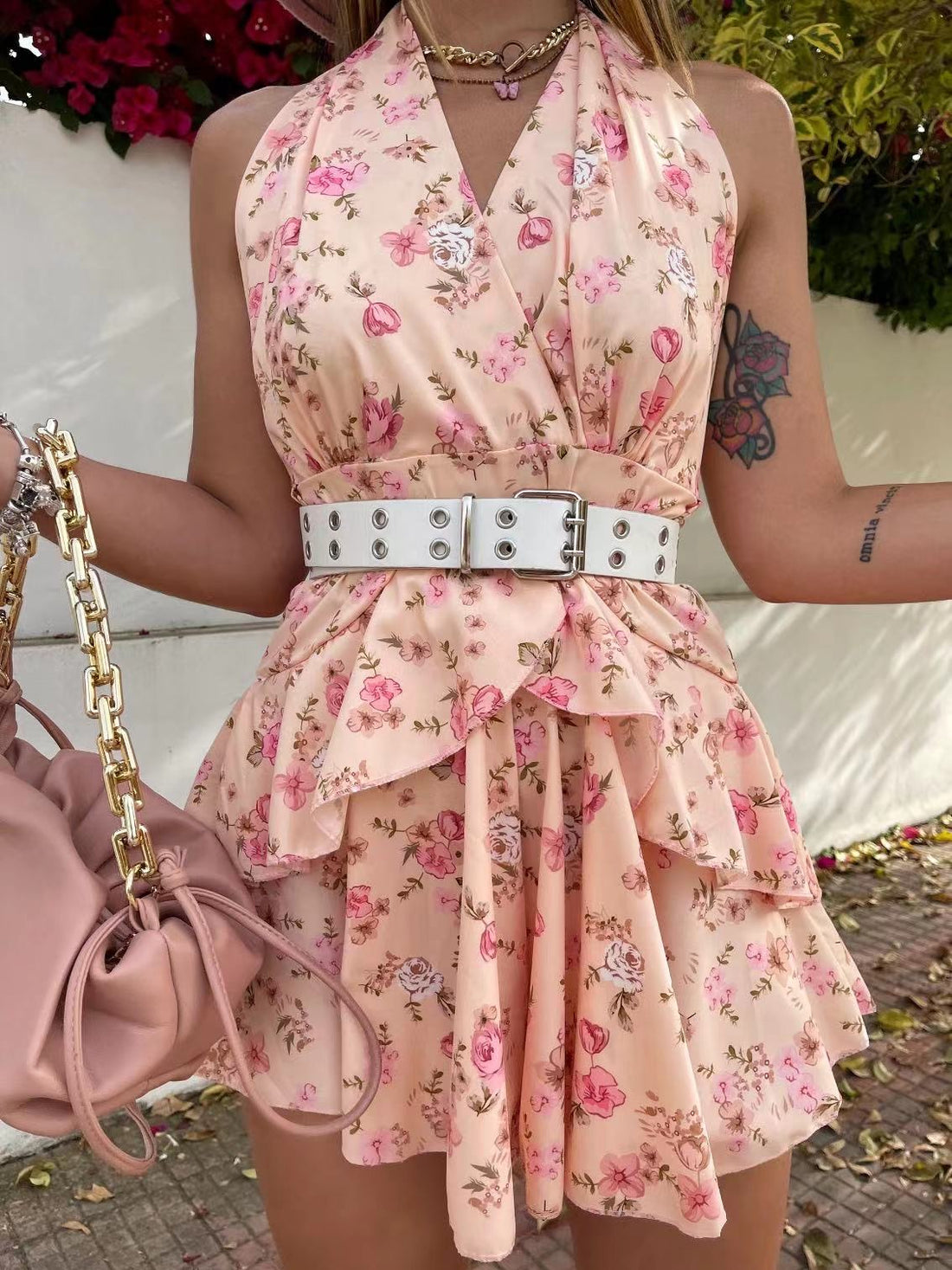 Tutina a fiori rosa con cintura - R.a. Boutique 