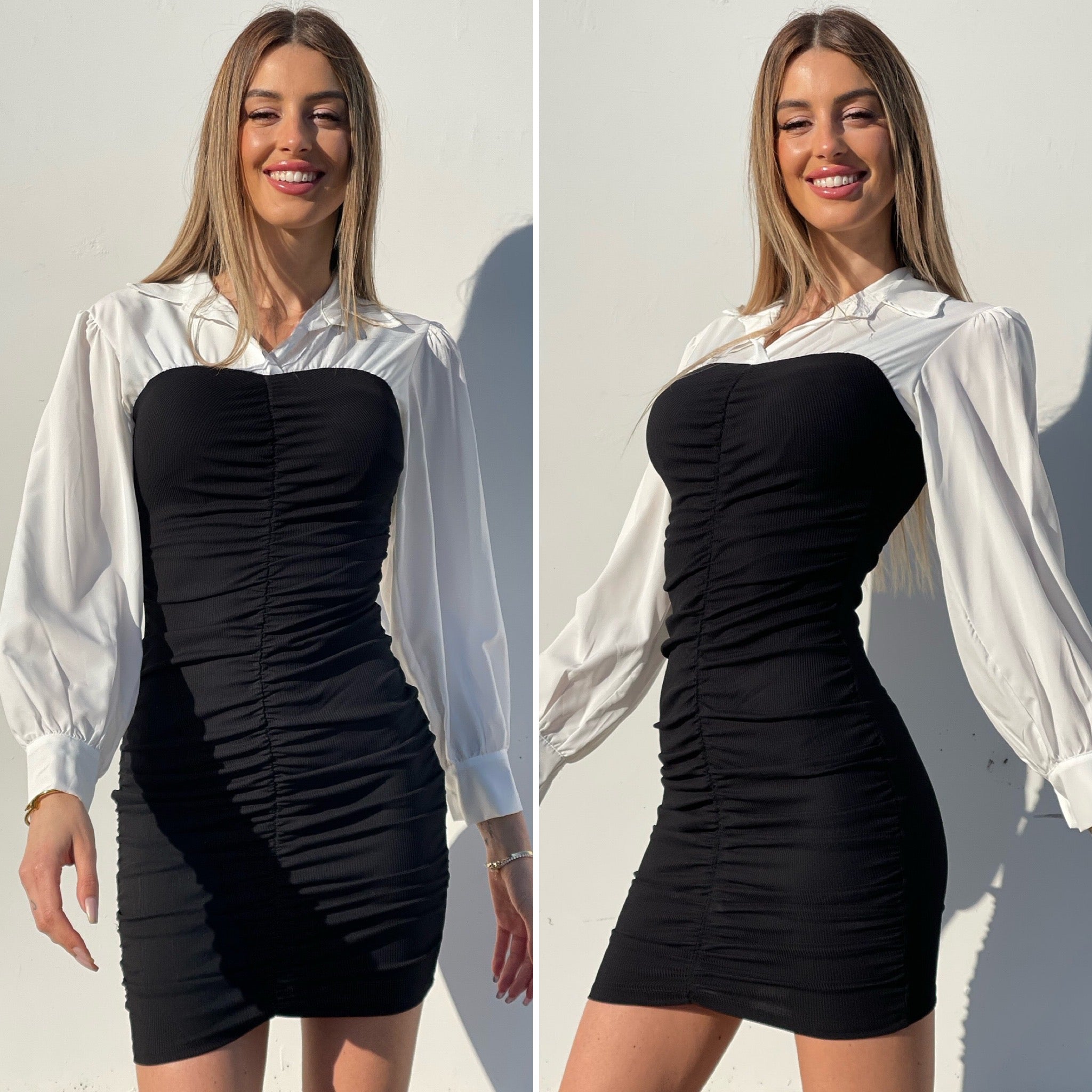 Abito arricciato nero con camicia - R.a. Boutique 