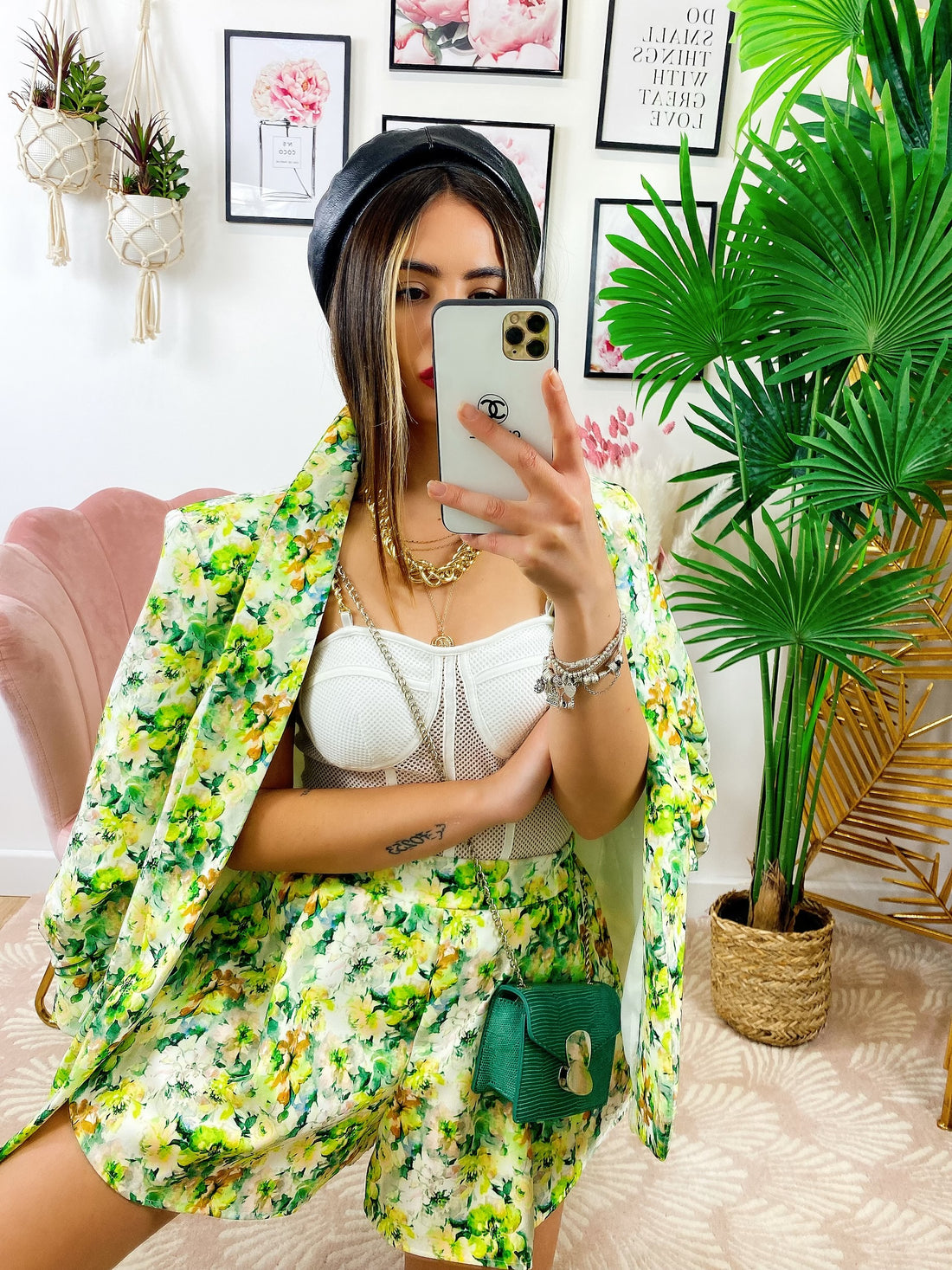 Completo Giacca e Short fiori lime - R.a. Boutique 