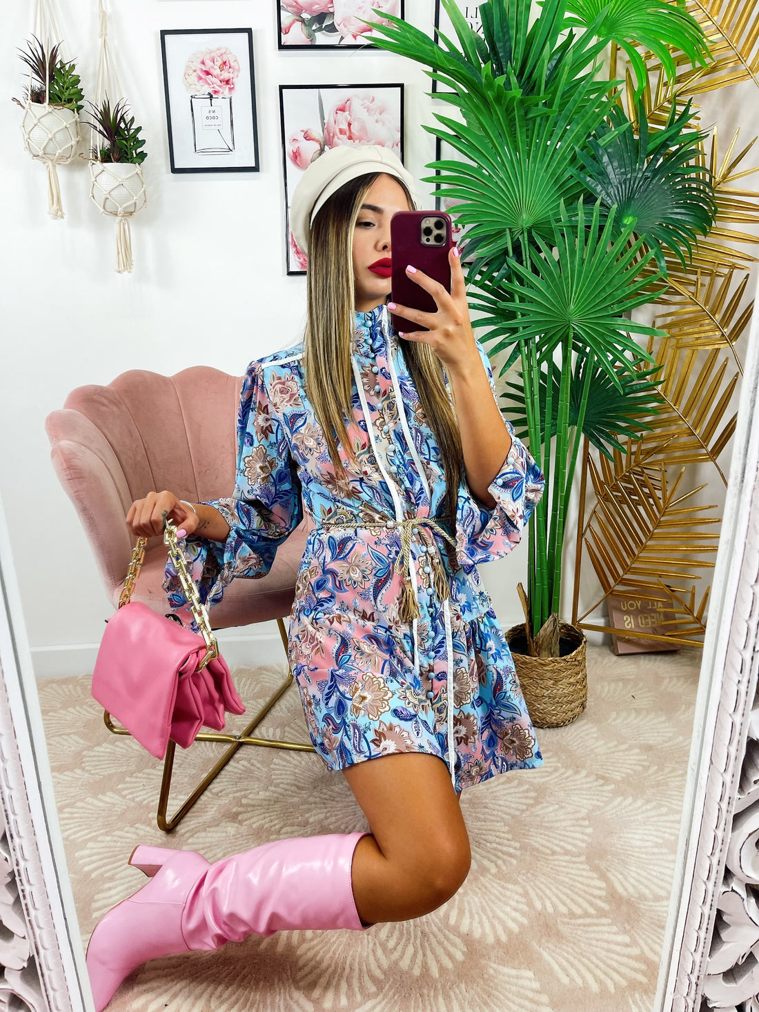 Abito floreale con cintura e bottoncini base celeste - R.a. Boutique 