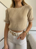 Maglioncino crop beige con piume - R.a. Boutique 