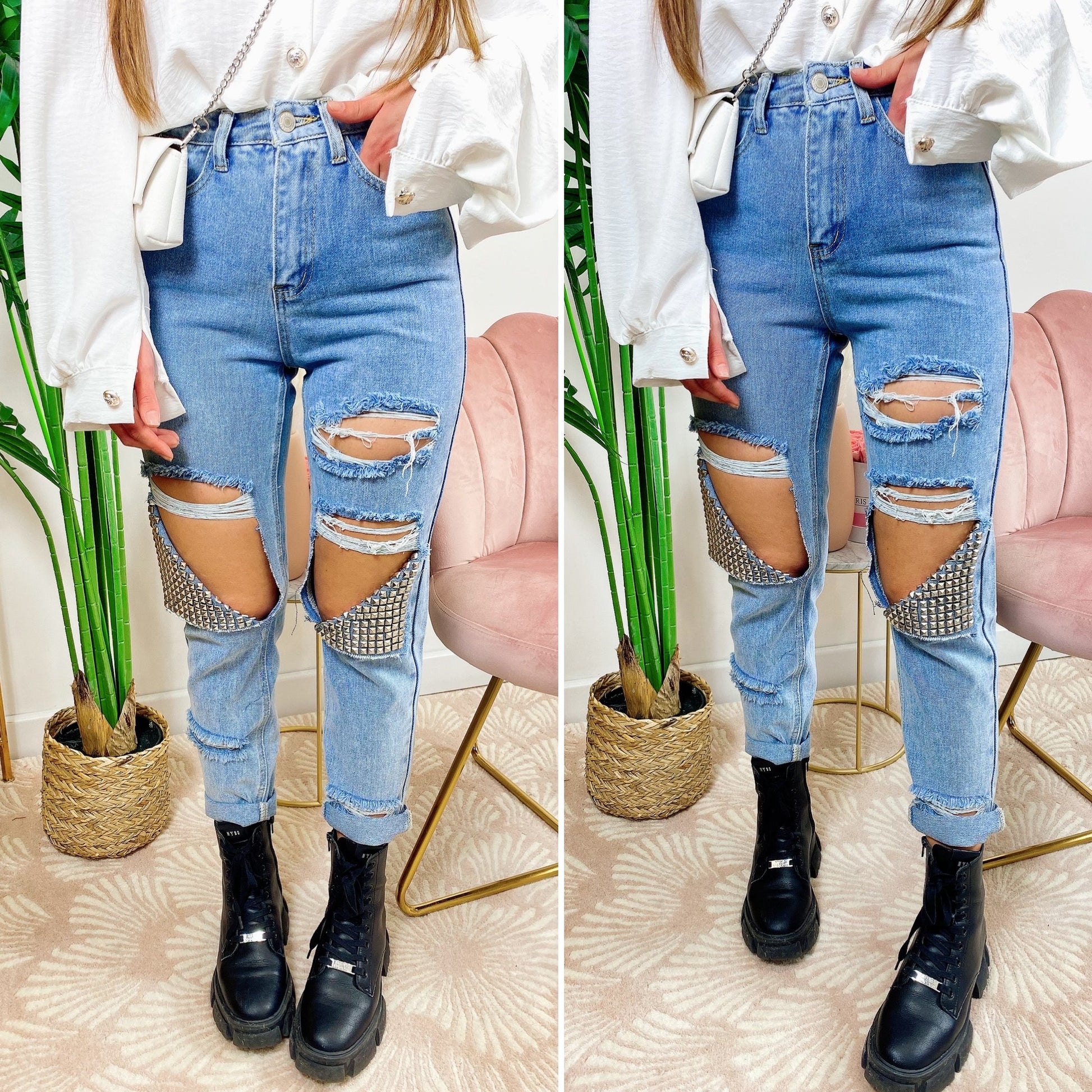 Jeans con strappi e borchie argento - R.a. Boutique 