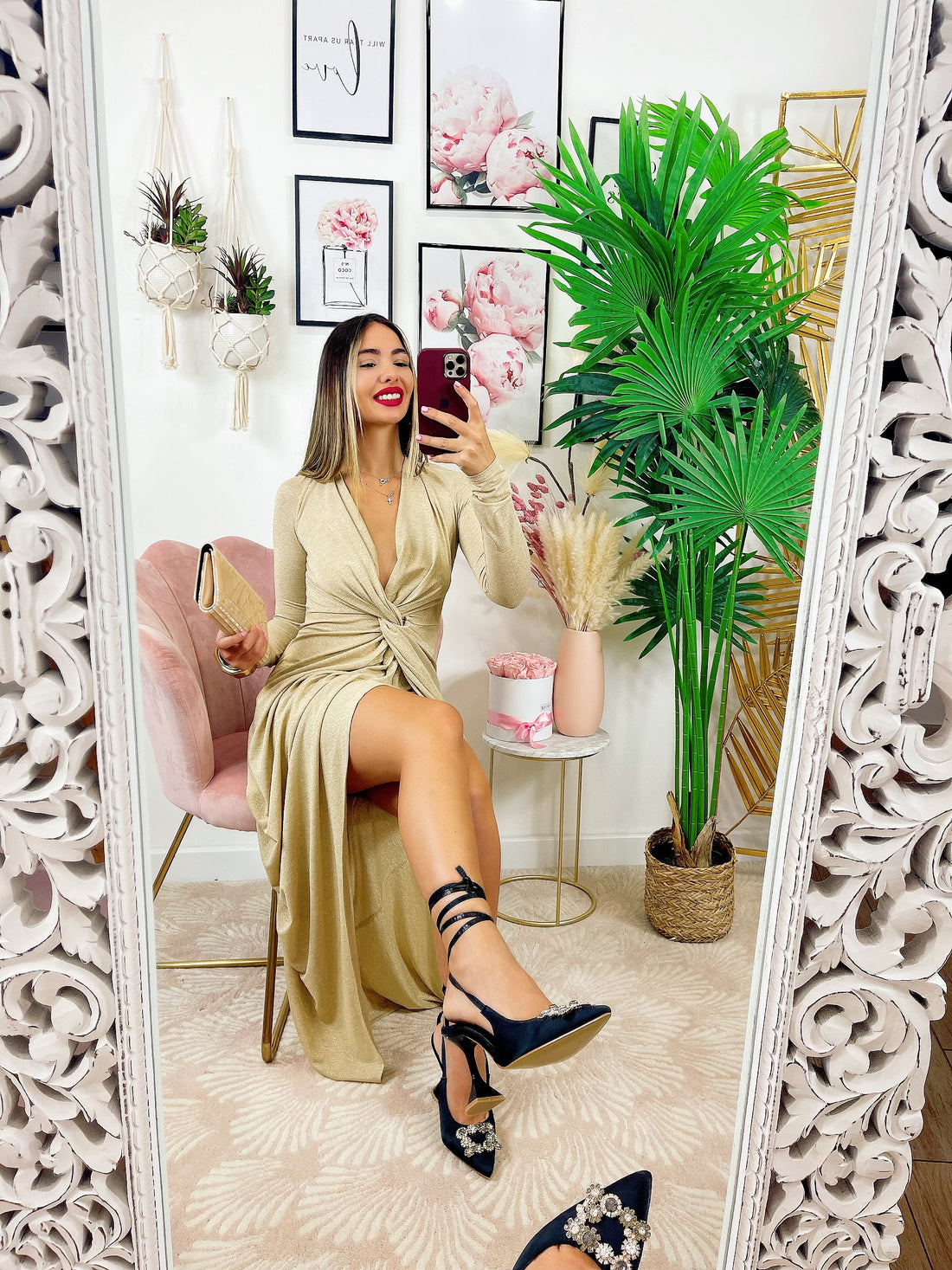 Abito glitterato lungo con nodo Oro - R.a. Boutique 