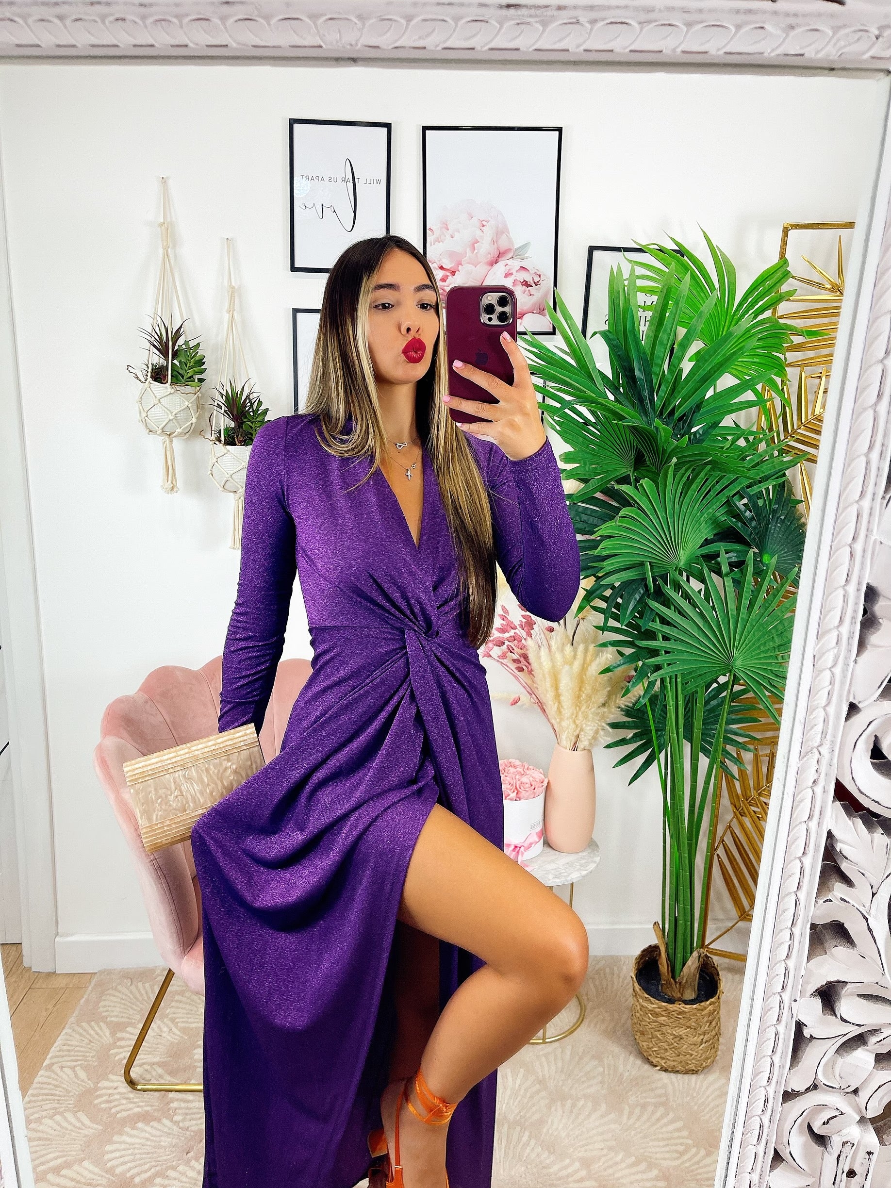 Abito glitterato lungo con nodo Purple - R.a. Boutique 