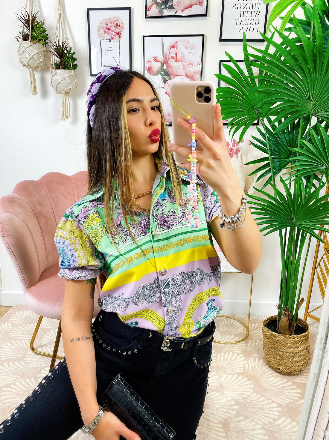 Camicia etnica dettaglio verde manica corta - R.a. Boutique 