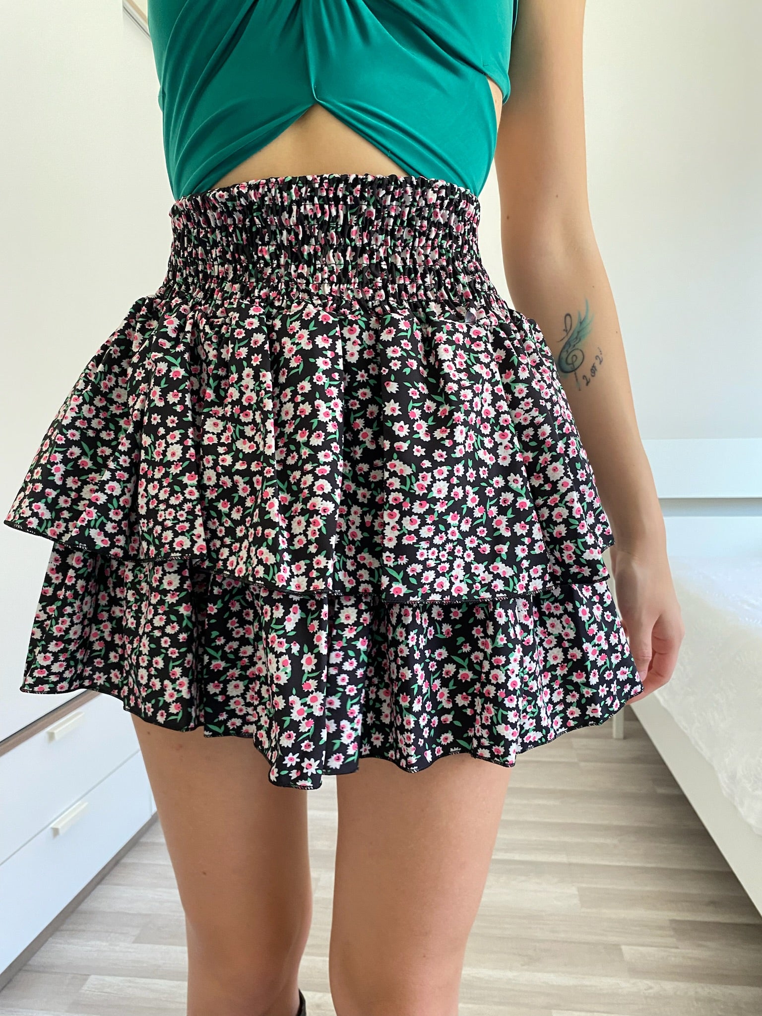 Gonna a balze fiori Fuxia verde - R.a. Boutique 