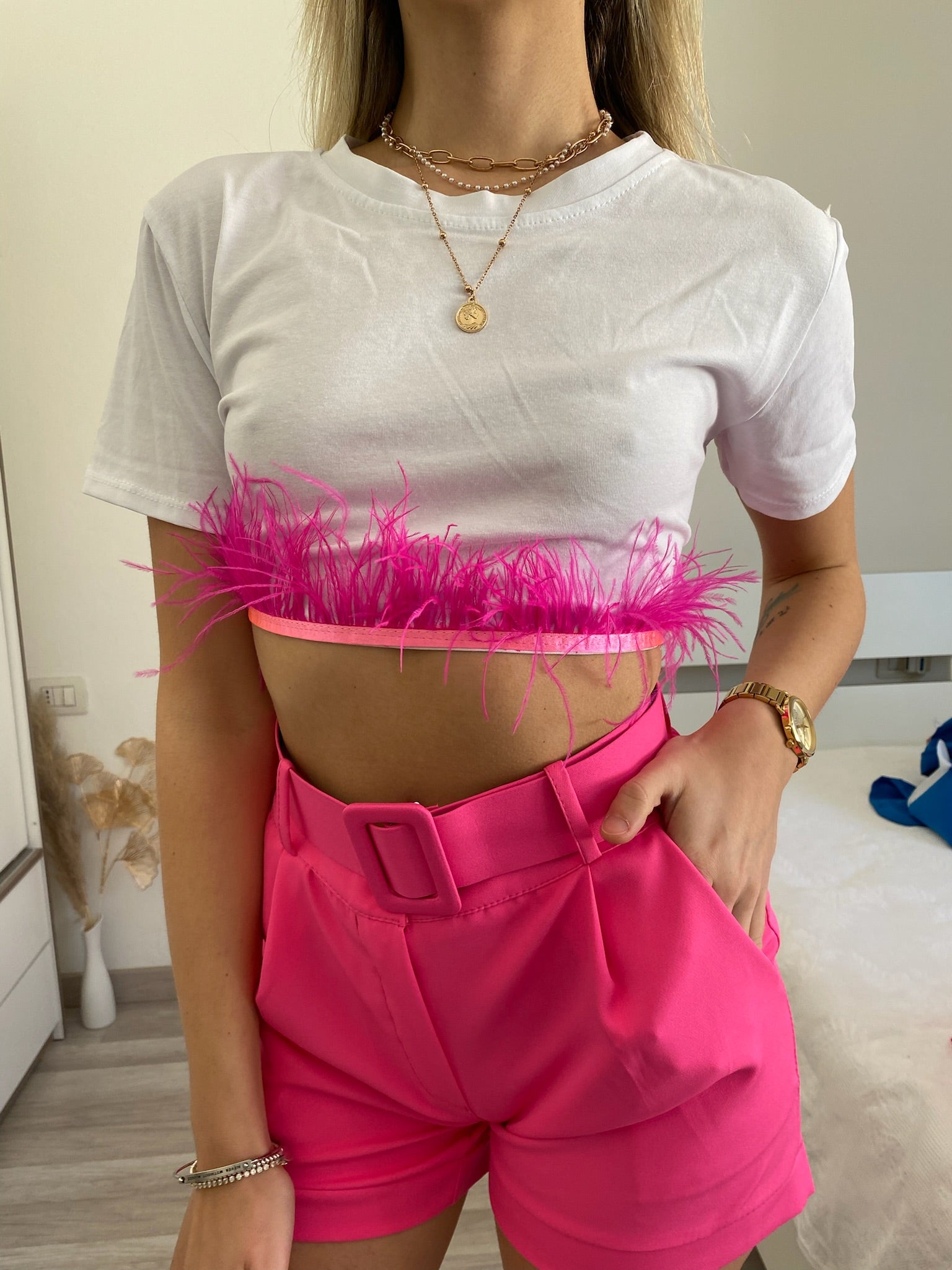 T-shirt crop piume Fuxia - R.a. Boutique 