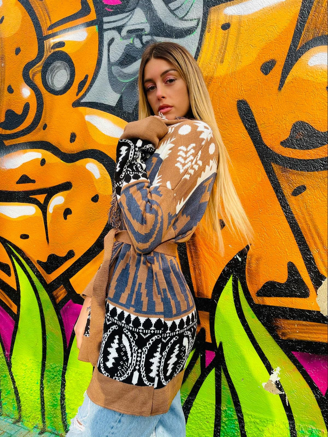 Cardigan Camel con frange e cinta - R.a. Boutique 