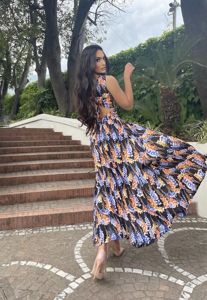 Abito lungo a fiori base nero - R.a. Boutique 