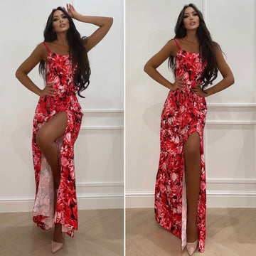 Abito con spacco a fiori rossi - R.a. Boutique 