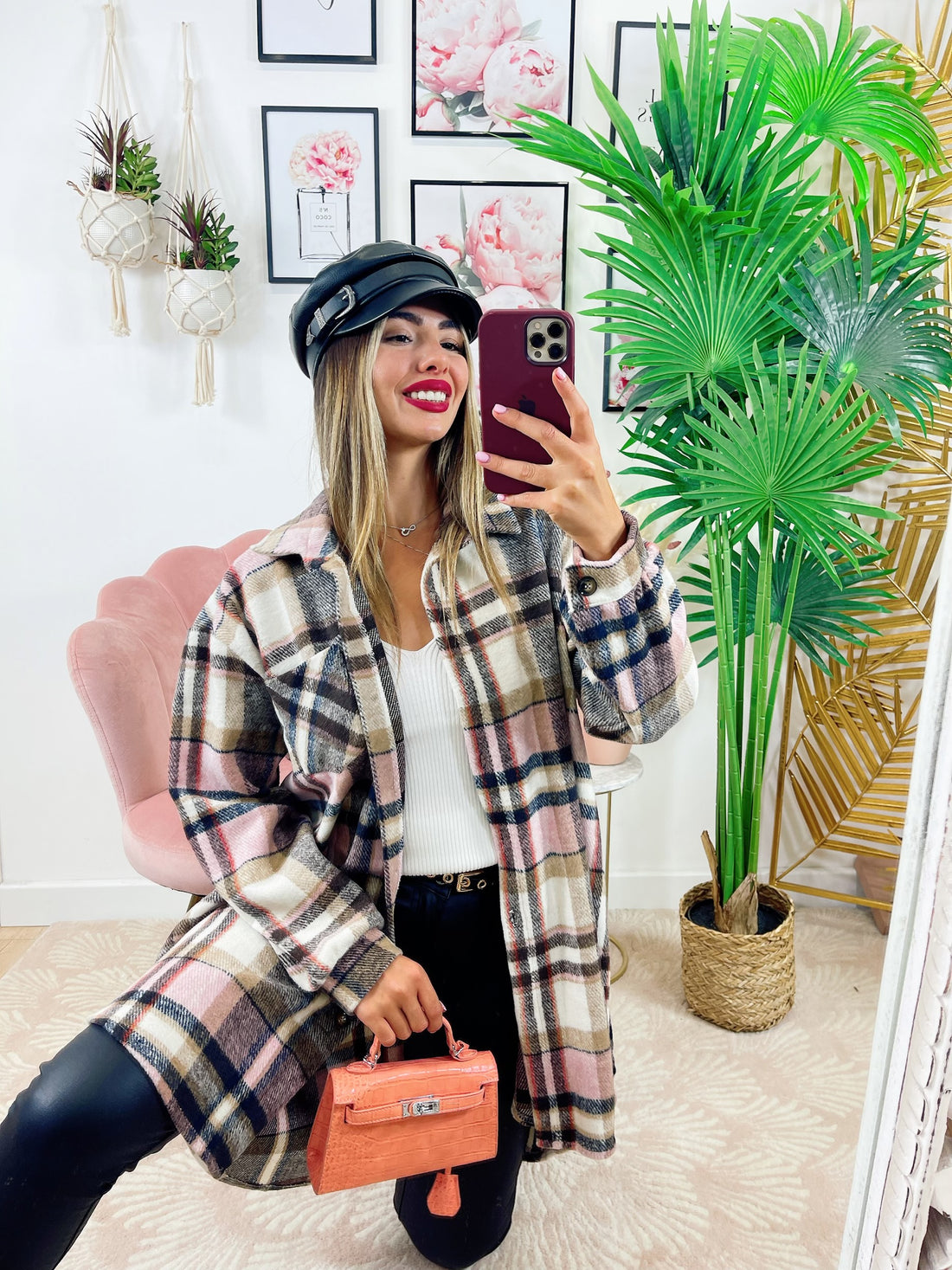 Giacca a quadri dettaglio rosa lunga - R.a. Boutique 