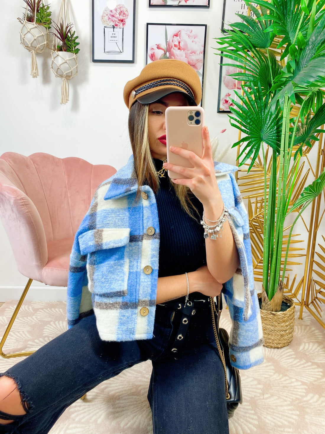 Giacca a quadri corta celeste dettagli neri - R.a. Boutique 