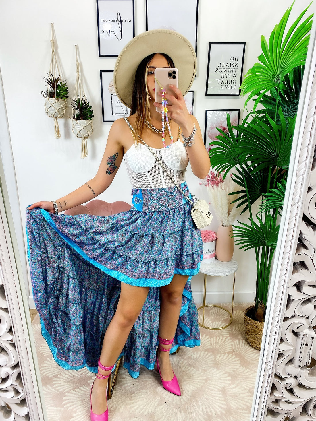 Gonna asimmetrica celeste fiorellini Fuxia - R.a. Boutique 