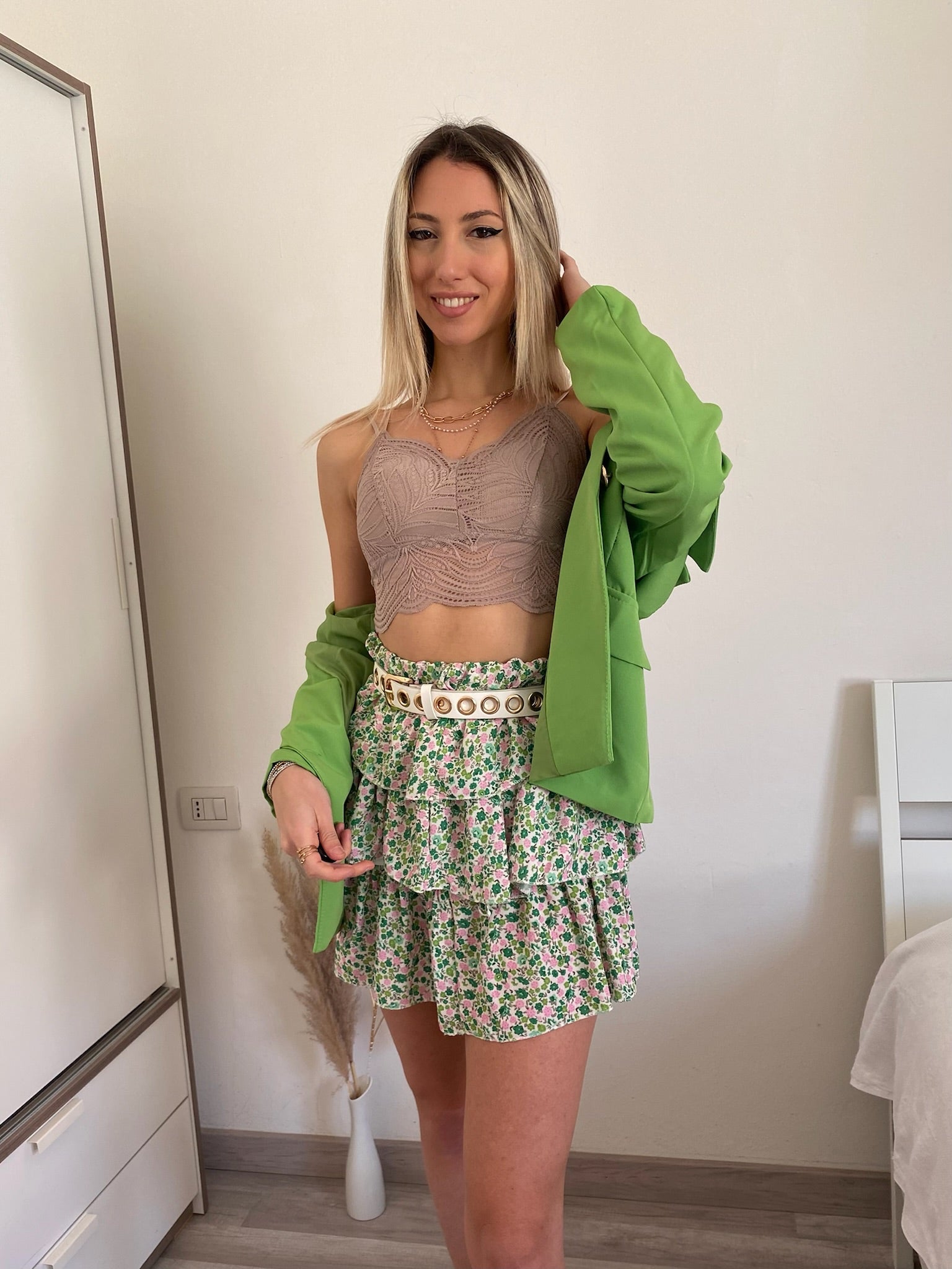 Gonna a balze con fiorellini verde - R.a. Boutique 