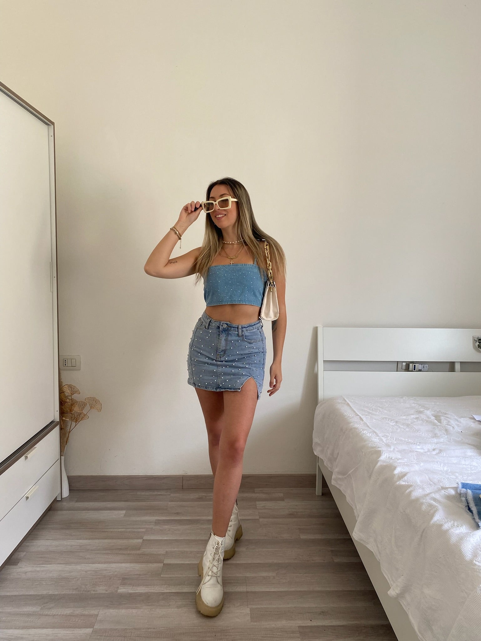 Top in jeans con strass - R.a. Boutique 