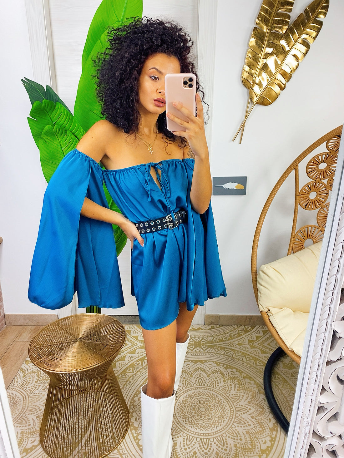 Tutina in raso con scollo a barchetta manica lunga oceano - R.a. Boutique 