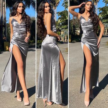 Abito in raso silver con drappeggio - R.a. Boutique 