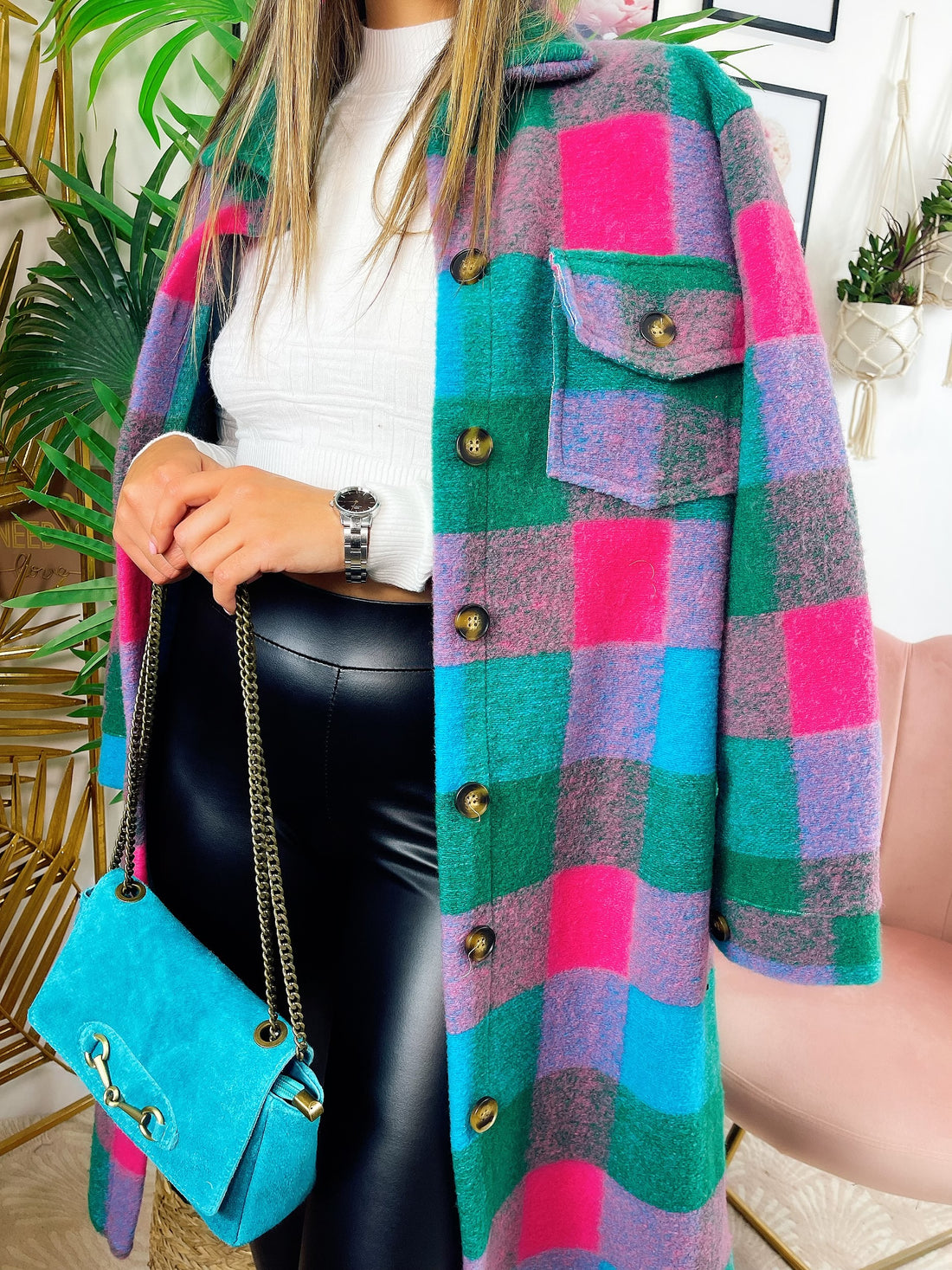 Maxi camicione a quadri celesti e fucsia - R.a. Boutique 