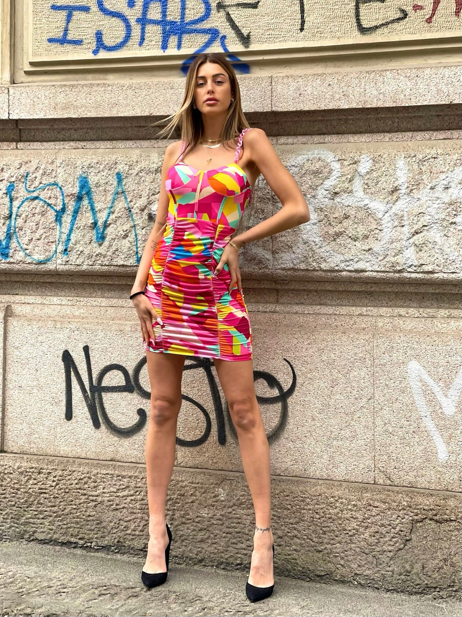 Abito geometrico spalline con catena - R.a. Boutique 