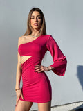 Abito aderente monospalla Fuxia con manica lunga - R.a. Boutique 