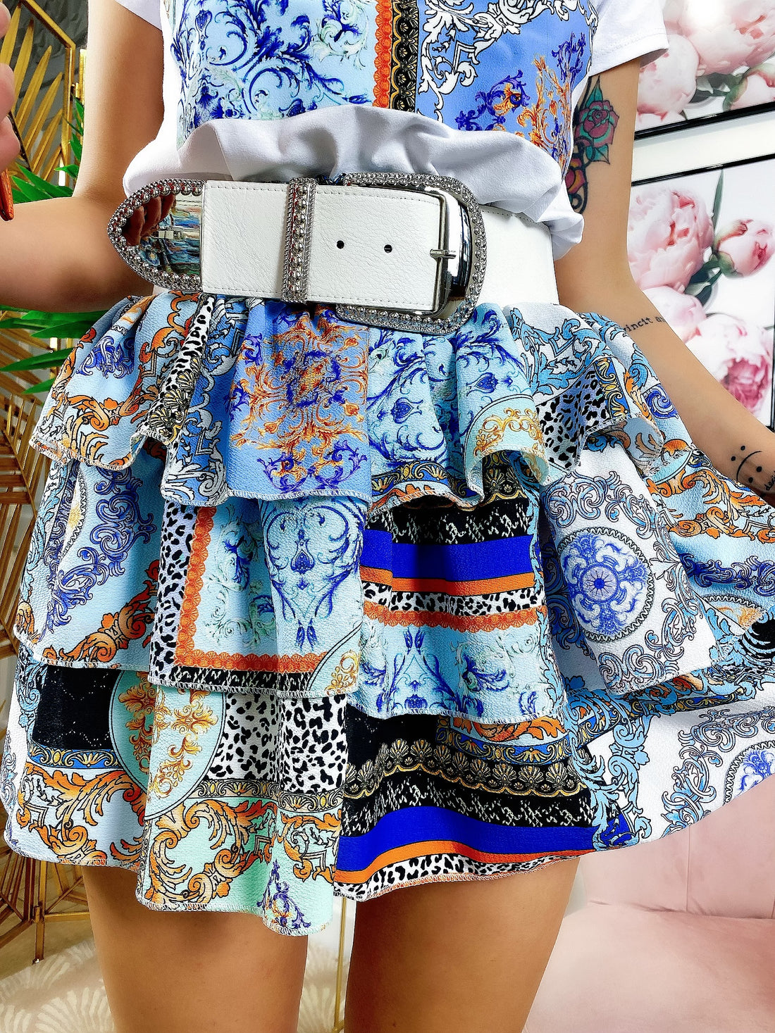 Completo etnico gonna e t-shirt base celeste - R.a. Boutique 