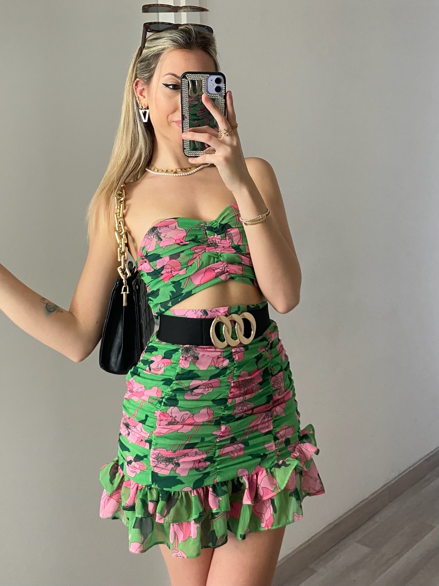 Completo top e gonna verde e rosa - R.a. Boutique 