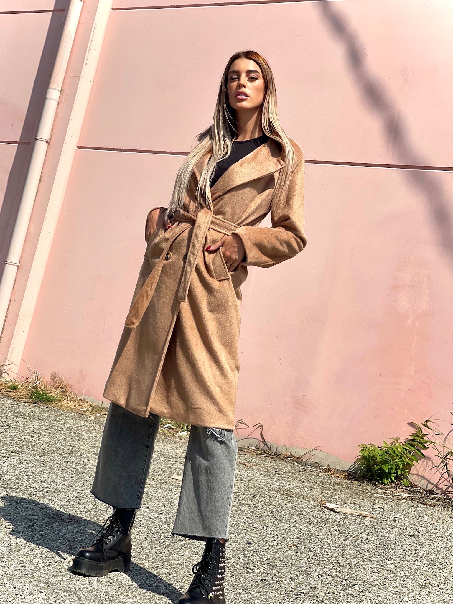 Cappotto lungo Camel con cintura - R.a. Boutique 