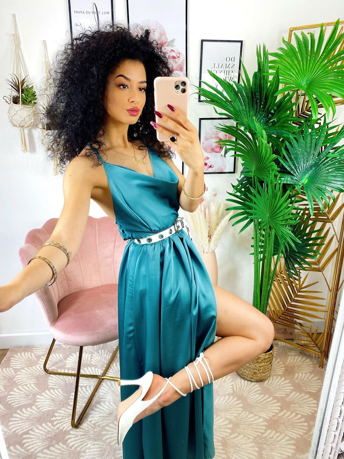 Abito midi raso con maxi spacco petrolio - R.a. Boutique 