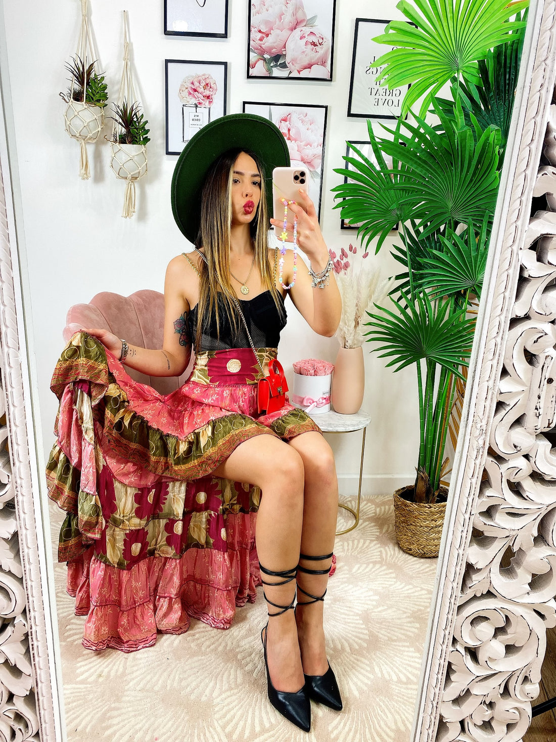 Gonna asimmetrica Rosa fiori bordeaux - R.a. Boutique 