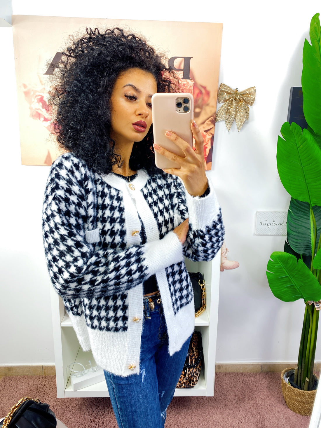 Cardigan pied de poule bottoni in perle - R.a. Boutique 