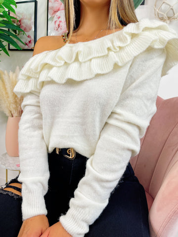 Maglione con scollo e dettaglio in catena bianco - R.a. Boutique 