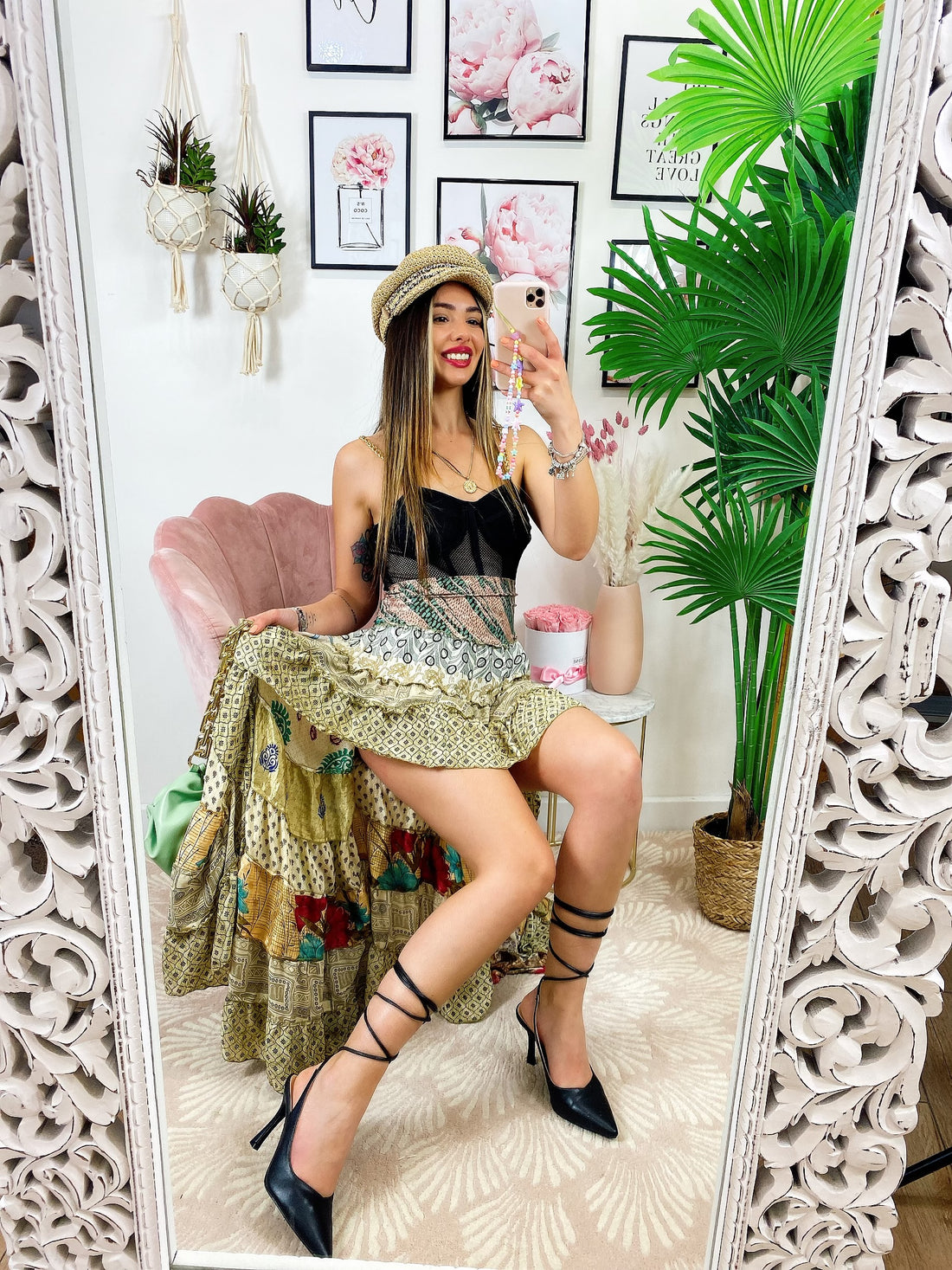 Gonna asimmetrica sfumature beige dettaglio bordeaux - R.a. Boutique 