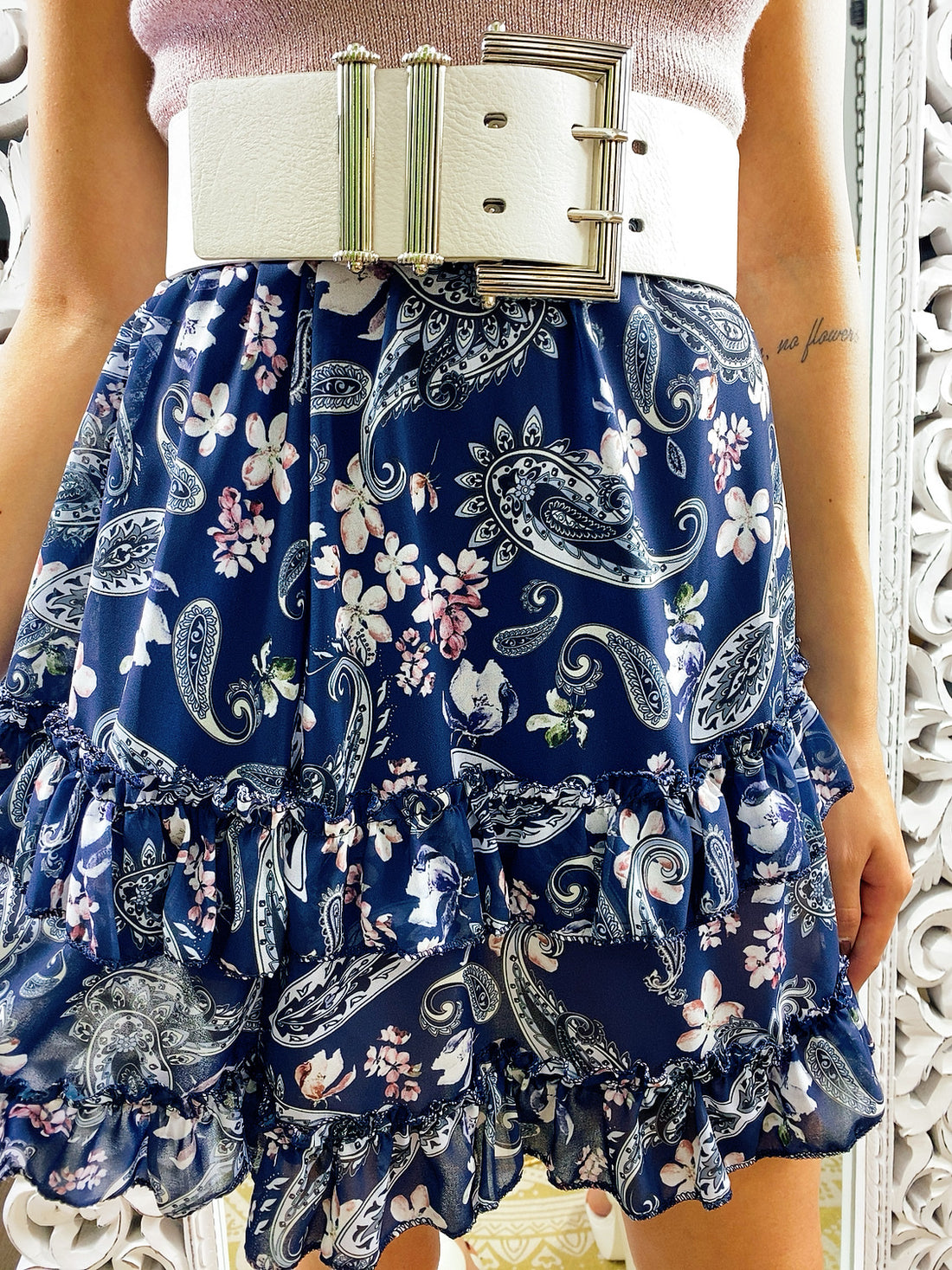 Gonna a balze fiori blu e rosa - R.a. Boutique 