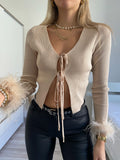 Maglia crop con piume beige - R.a. Boutique 