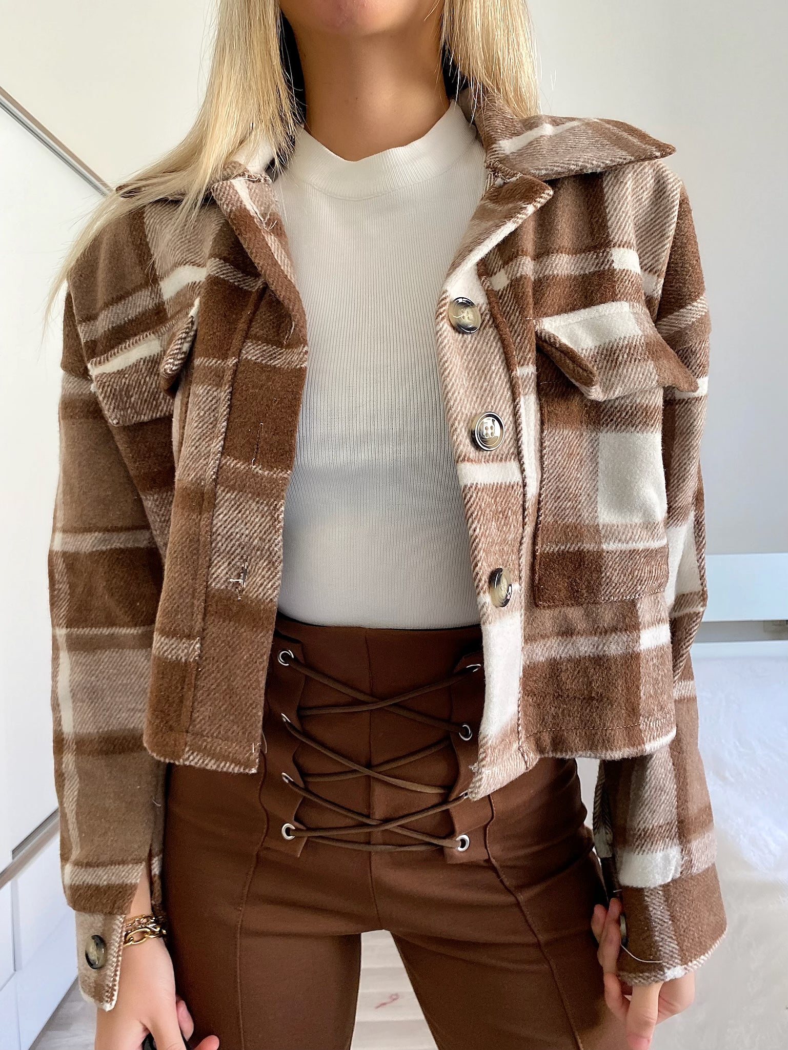 Giacchina crop check brown - R.a. Boutique 