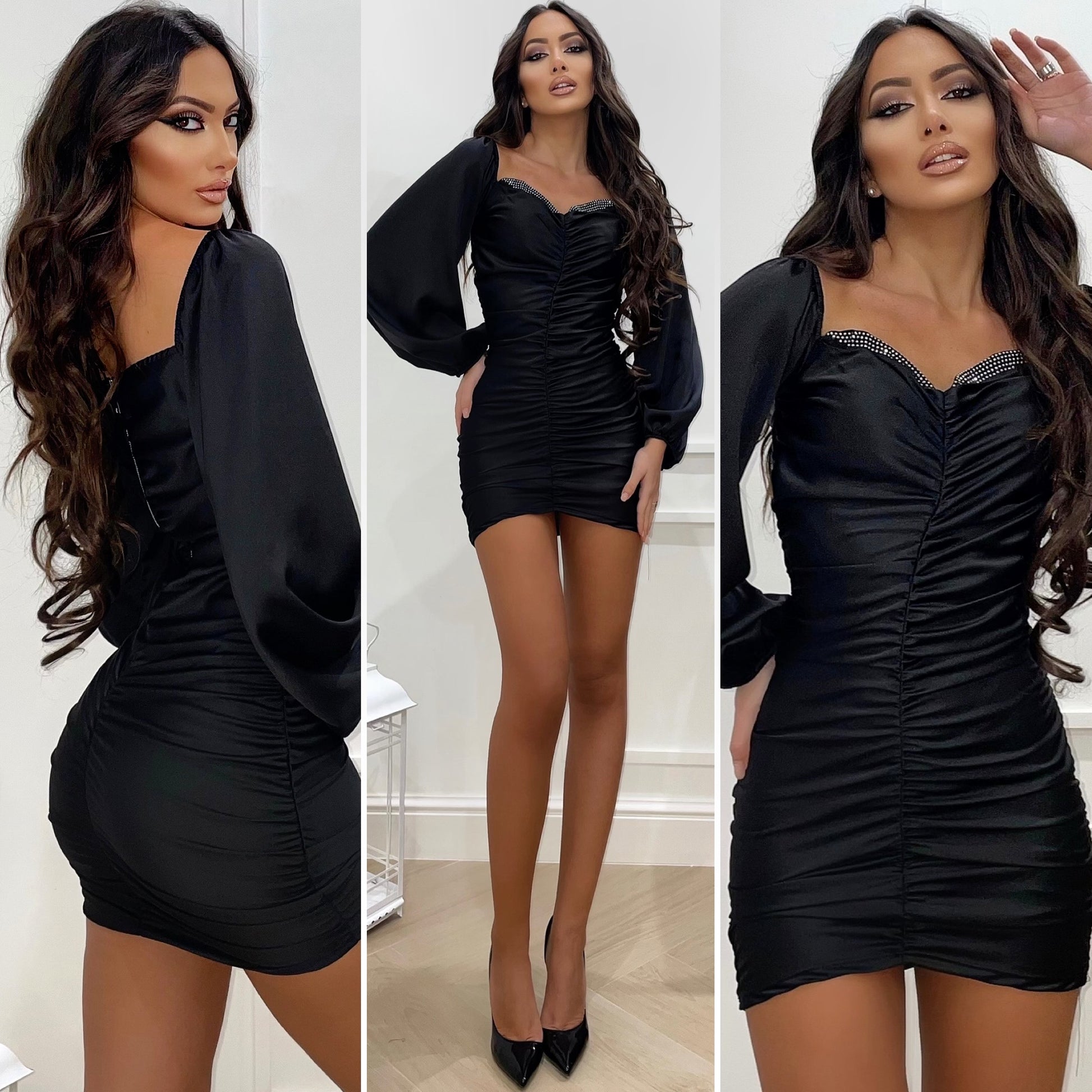 Abito in raso con drappeggio e strass - R.a. Boutique 