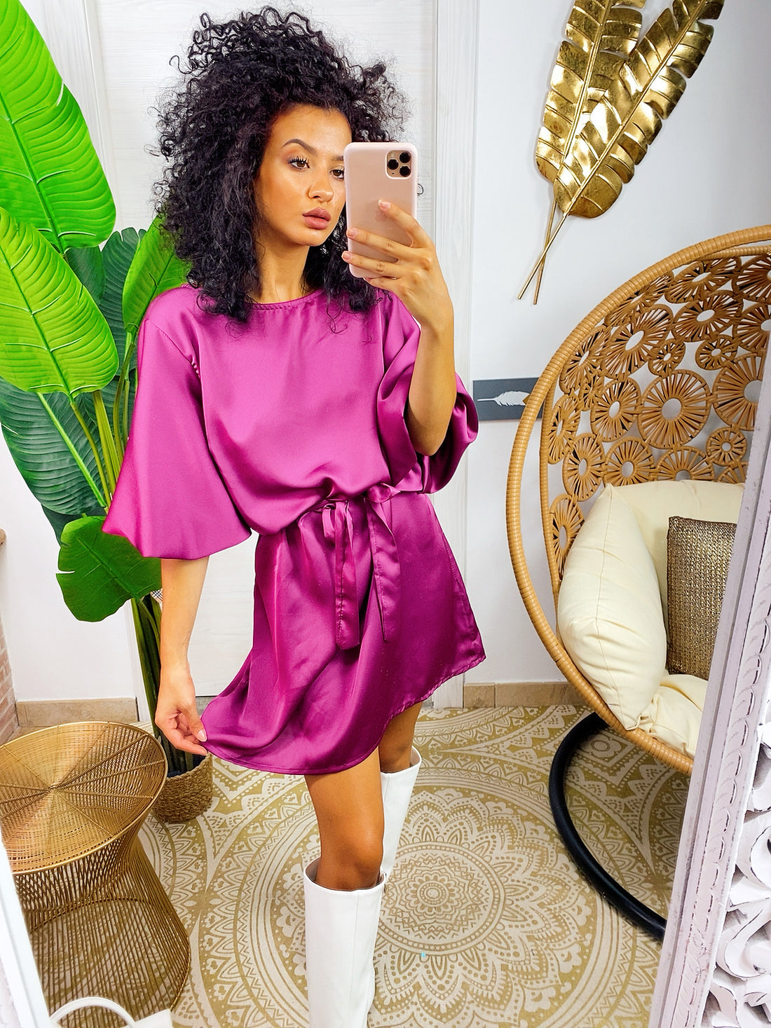 Abito in raso manica a palloncino e fusciacca peonia - R.a. Boutique 