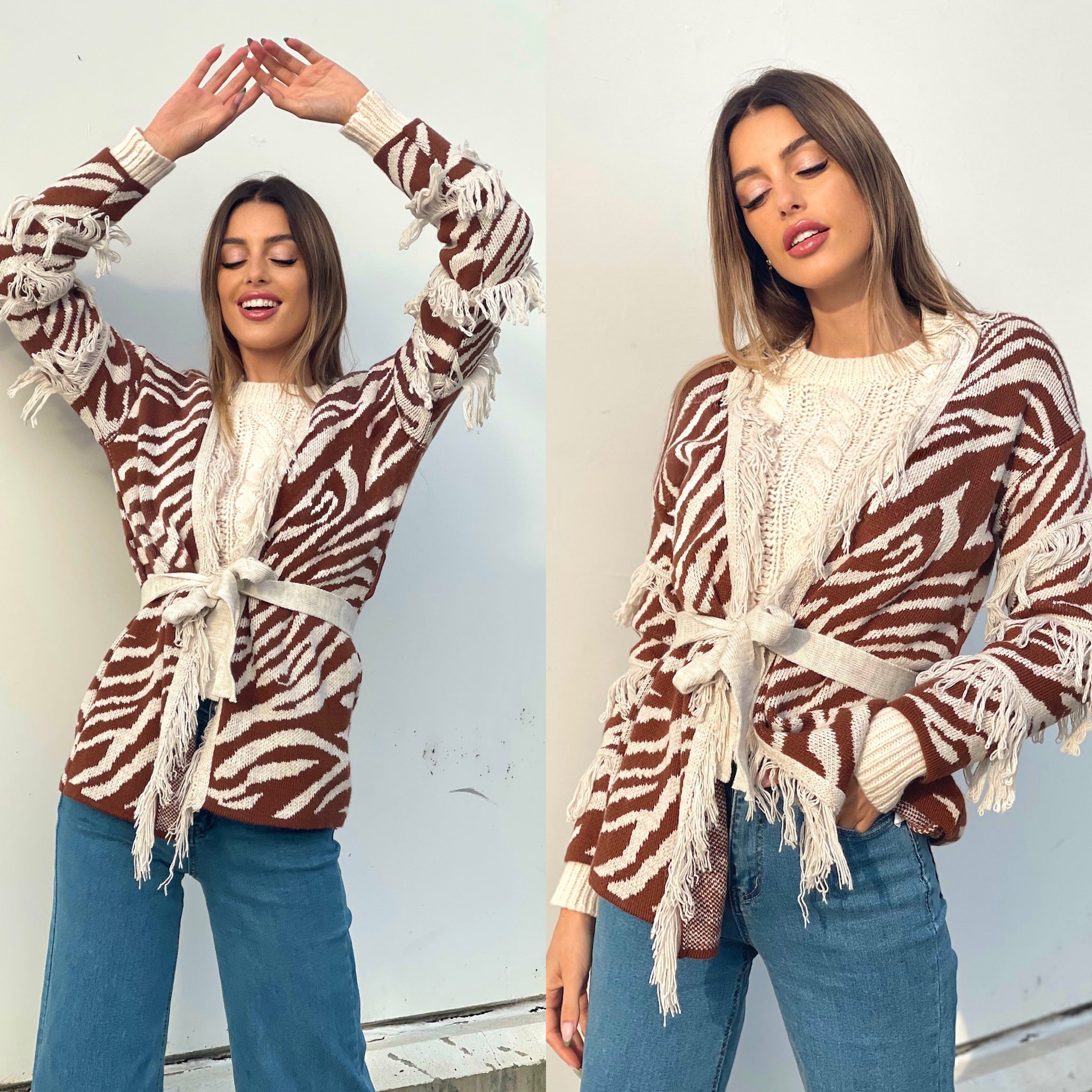 Cardigan zebrato beige con frange e cinta - R.a. Boutique 