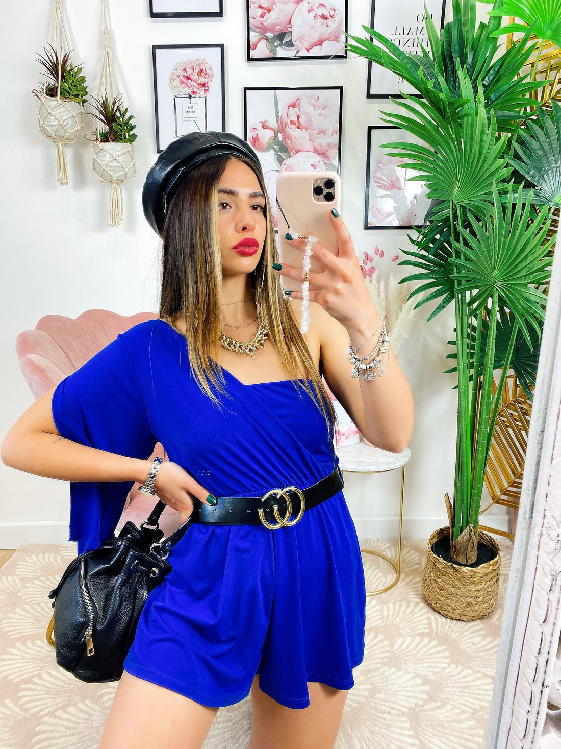 Tutina blu monospalla taglio a impero con cintura - R.a. Boutique 