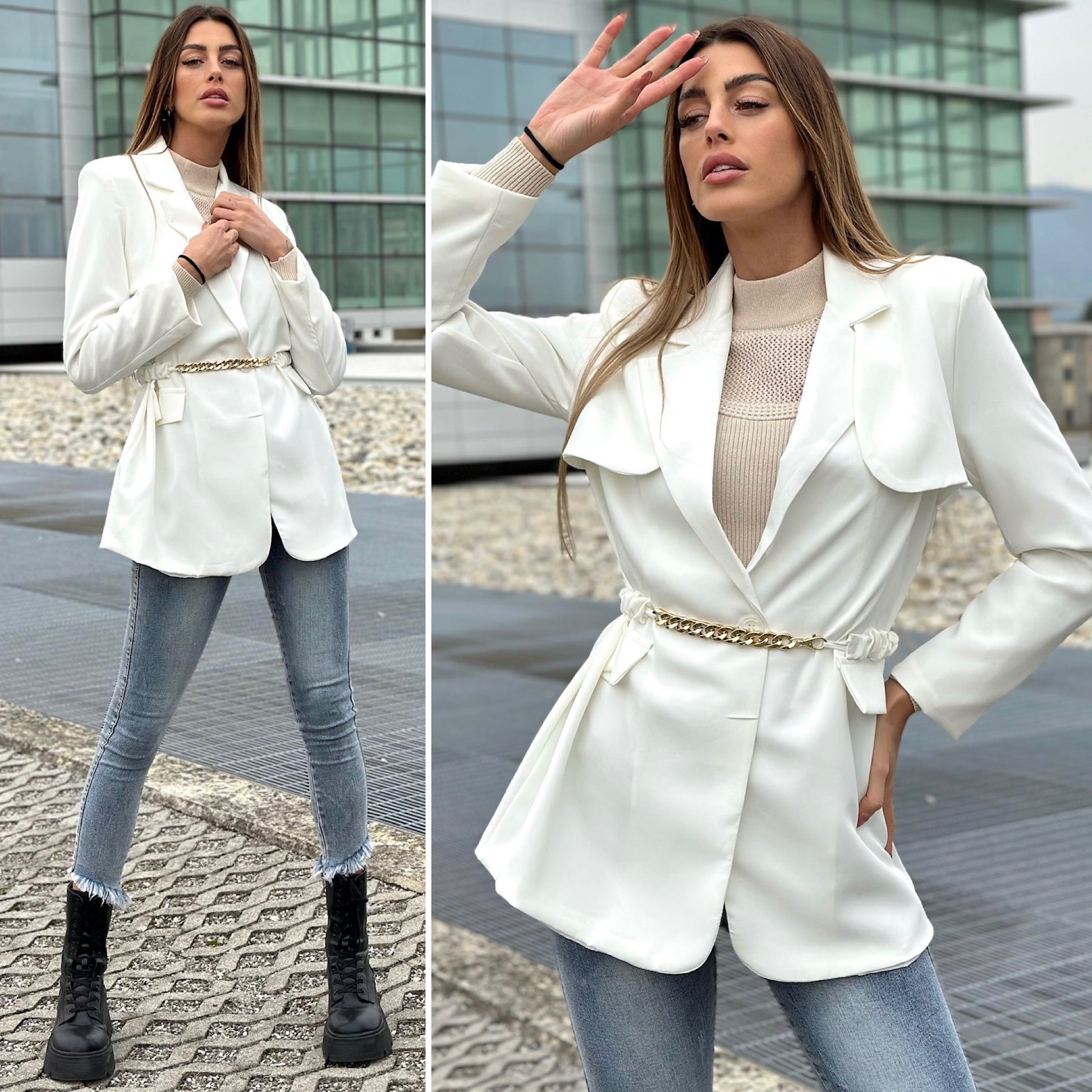 Blazer bianco con cintura - R.a. Boutique 