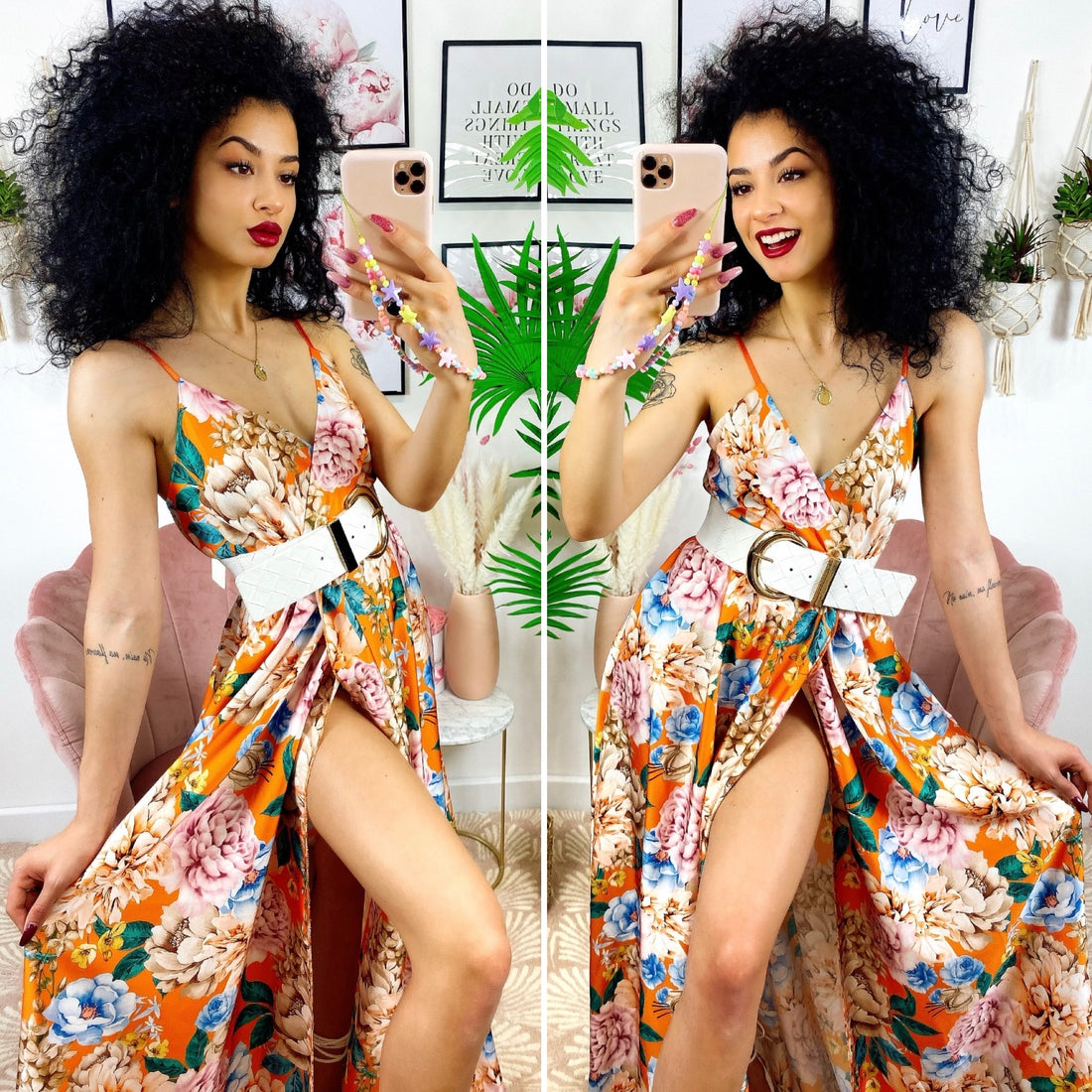 Dress Lungo con maxi spacco fiori arancio - R.a. Boutique 