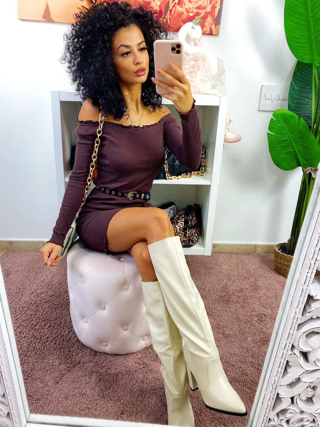 Abito aderente con scollo a barchetta marrone - R.a. Boutique 