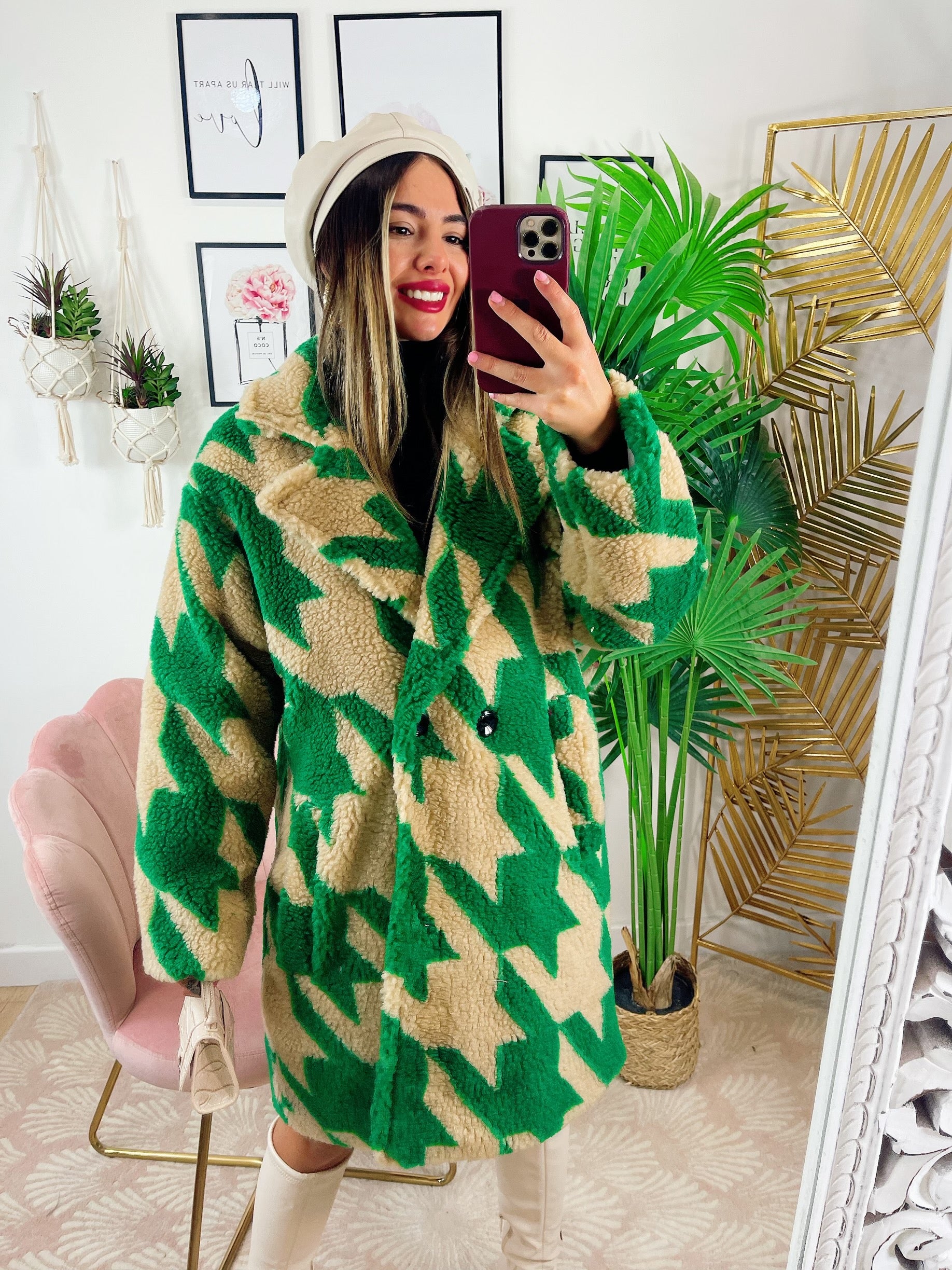 Cappotto pied de poule dettaglio verde - R.a. Boutique 