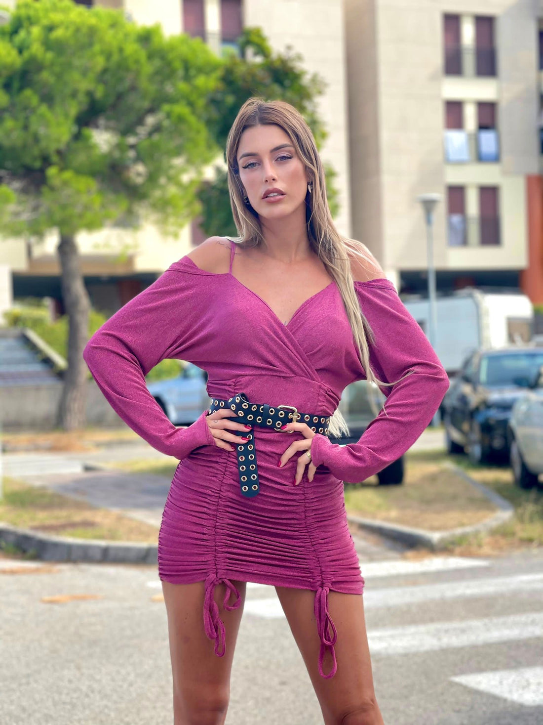 Abito glitter arricciato fuxia - R.a. Boutique 