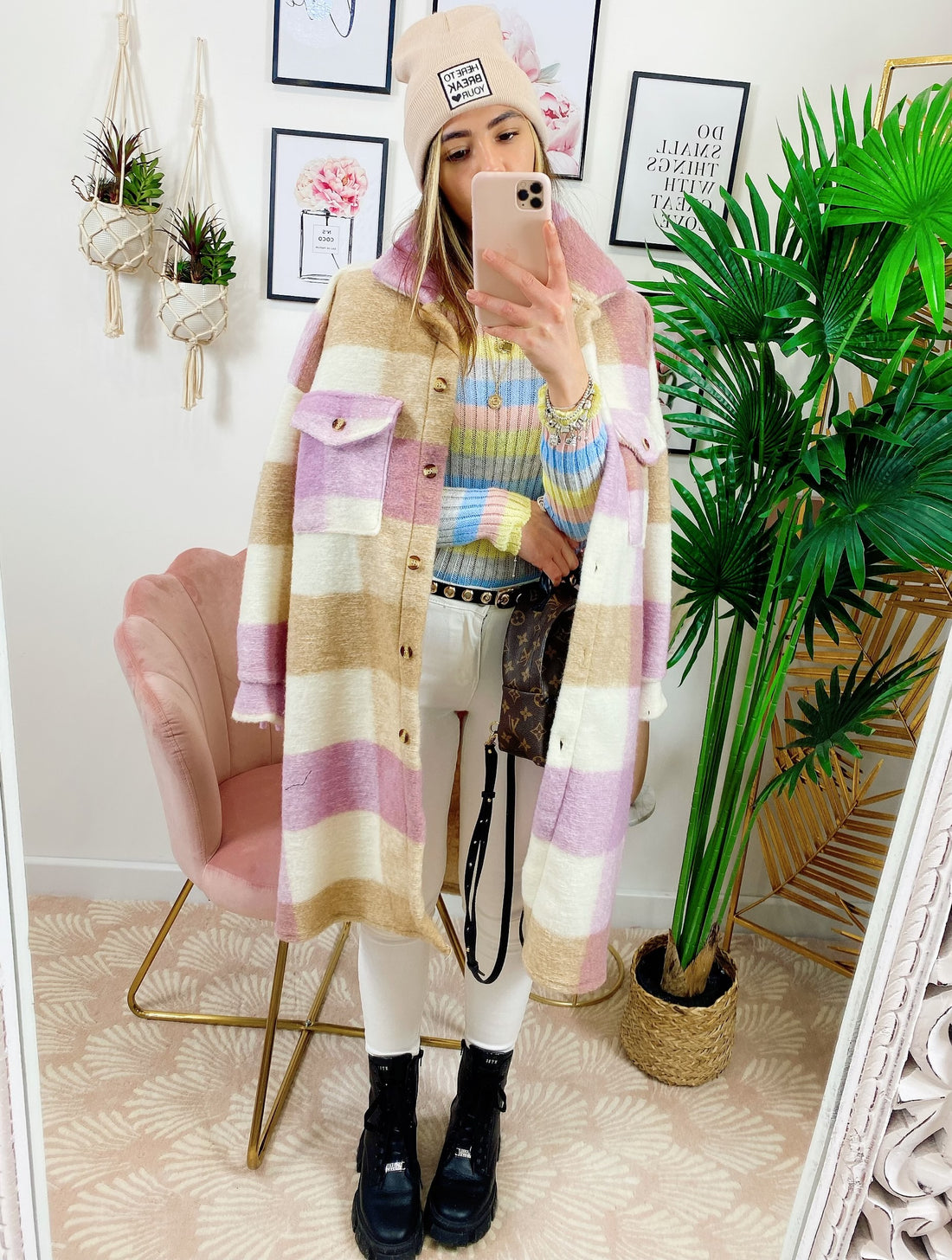 Giacca a quadri lilla/beige lunga con frange - R.a. Boutique 