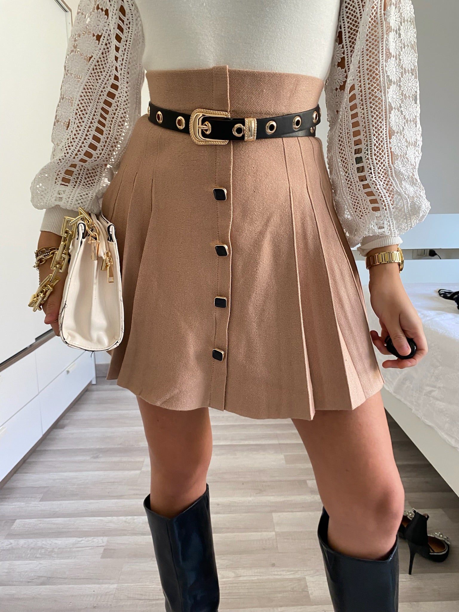 Gonna a pieghine in lana apricot - R.a. Boutique 